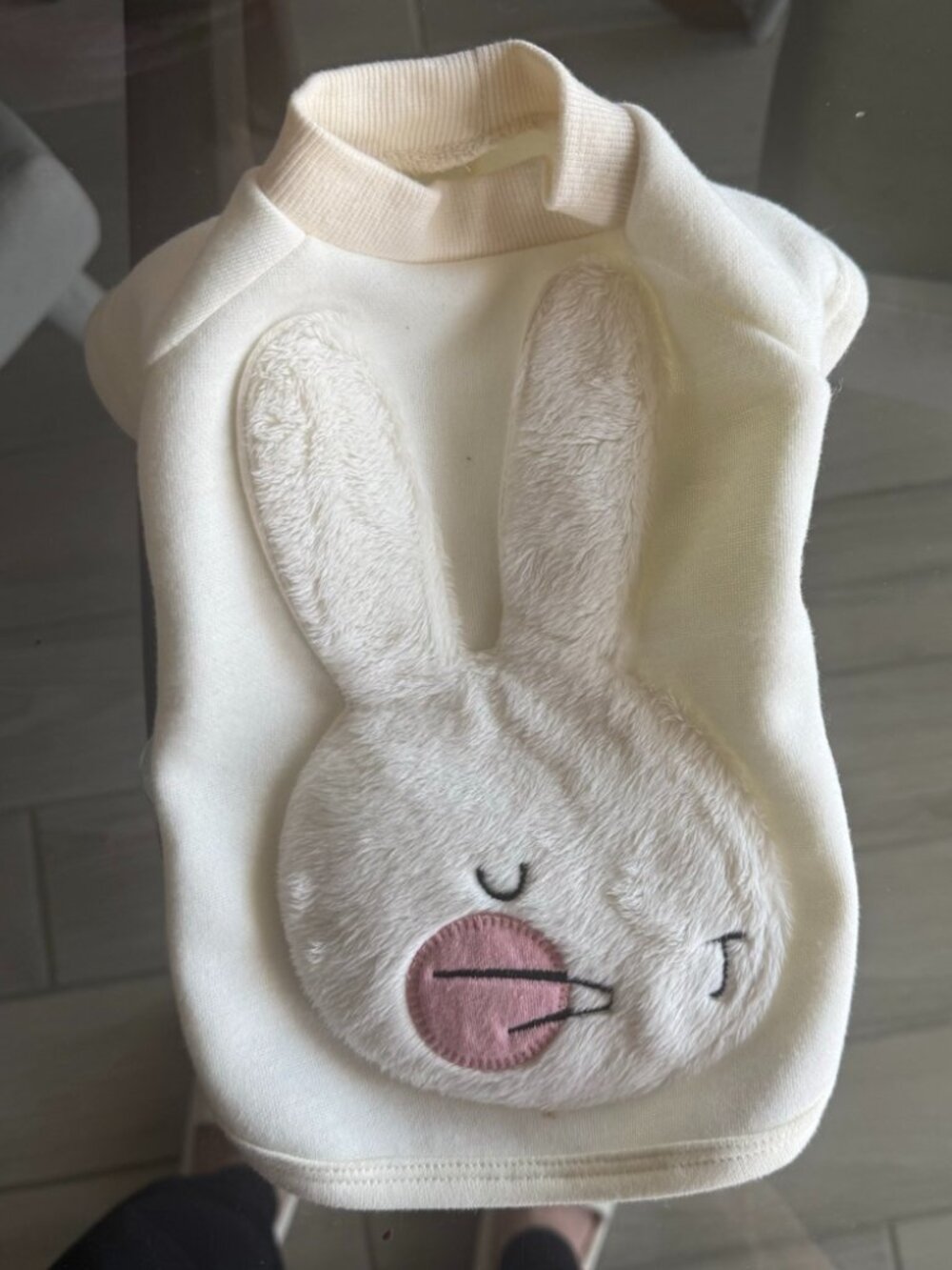Cute Ivory Fleece Dog Sweatshirt with 3D Bunny Patch - Small
